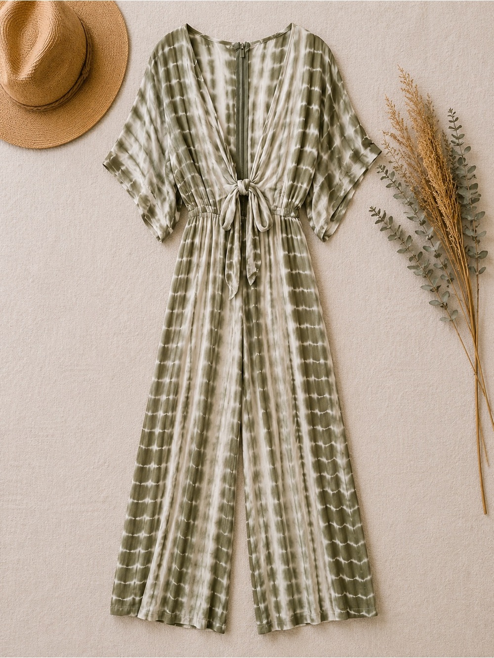 Olive Tie-Dye V-Neck Wide-Leg Jumpsuit